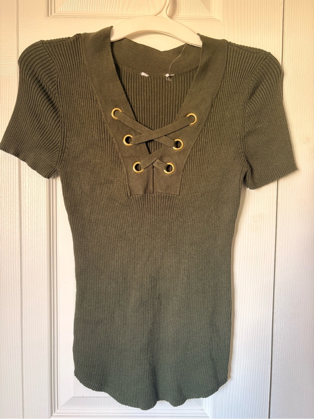 Caution To The Wind Olive Lace-Up Ribbed Short Sleeve Top